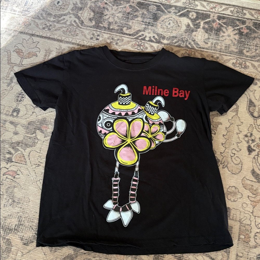 Black Graphic T-Shirt with Pink and Yellow Design